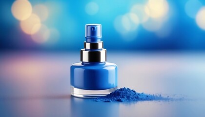  blue perfume flacon and coloroful blue pigment powder , cosmetic bottle presentation mockup, bokeh background, digital illustration created with generative ai.