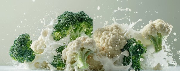 A bunch of broccoli and cauliflower are splashing in milk. The image has a playful and lighthearted mood, as the vegetables are not just sitting still, but are actively interacting with the milk