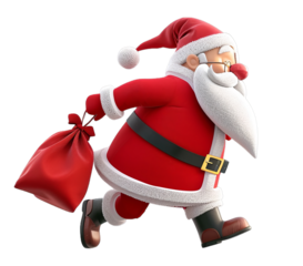 3D Santa Claus running with a red box in his hand on transparent background. Christmas season