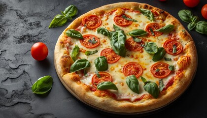 A visually appealing pizza topped with fresh tomato slices, basil leaves, and melted cheese on a wooden pizza board, garnished with cherry tomatoes and extra basil.