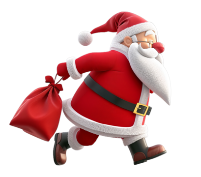 3D Santa Claus running with a red box in his hand on transparent background. Christmas season