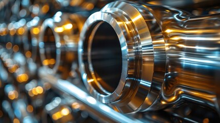 The image portrays lined-up shiny metal pipes in a storage area, reflecting the surroundings and highlighting the sleek, metallic finish, showcasing an industrial atmosphere.