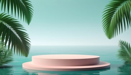 Obraz premium Empty podium for product presentation with palm leaf on seascape, vector illustration created with generative ai.