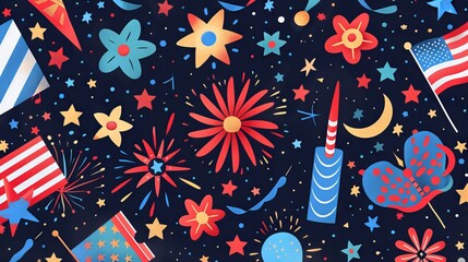 Obraz premium Colorful Memorial Day illustration with fireworks and patriotic symbols.