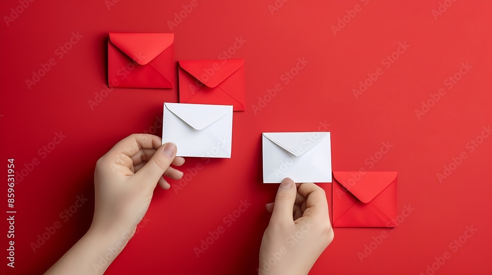 Poster Dolls hand takes White notification message mail envelopes on red background Creative minimalism layout : Generative AI