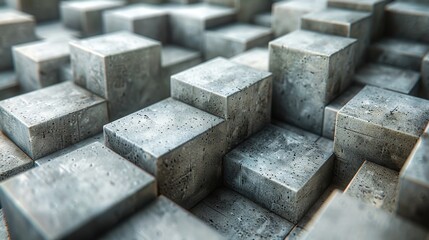 The image displays a monochromatic arrangement of concrete cubes, highlighted by their textured surfaces, forming a complex yet minimalist composition, evoking industrial and modern vibes.