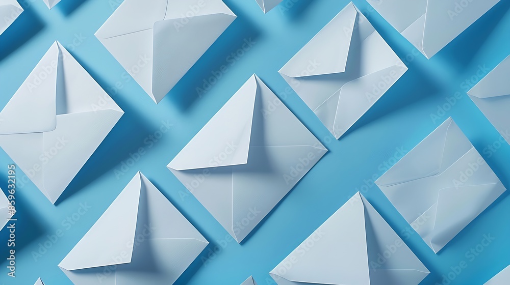 Aufkleber Creative pattern made of white paper envelope on blue background Minimal style Greeting letter and mail concept : Generative AI