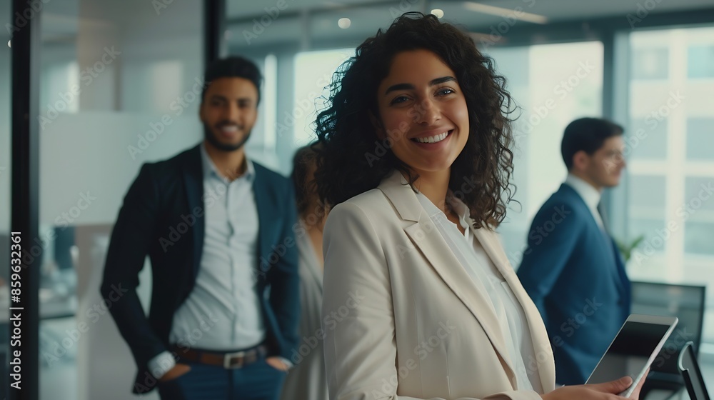 Aufkleber smiling confident business leader looking at camera and standing in an office at team meeting portra