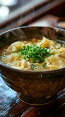 Steaming Bowl of Wontons With Green Onions