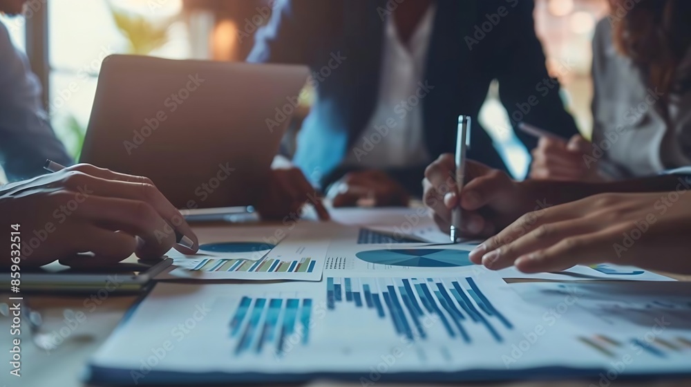 Poster young colleagues discussing business and price chart analyzes business people on the table great in 