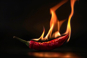 Fiery red chili pepper on fire against a dark black background. Conceptual image illustrating heat and spice in cooking. Ideal for food blogs, recipes, and spiciness themes. Generative AI