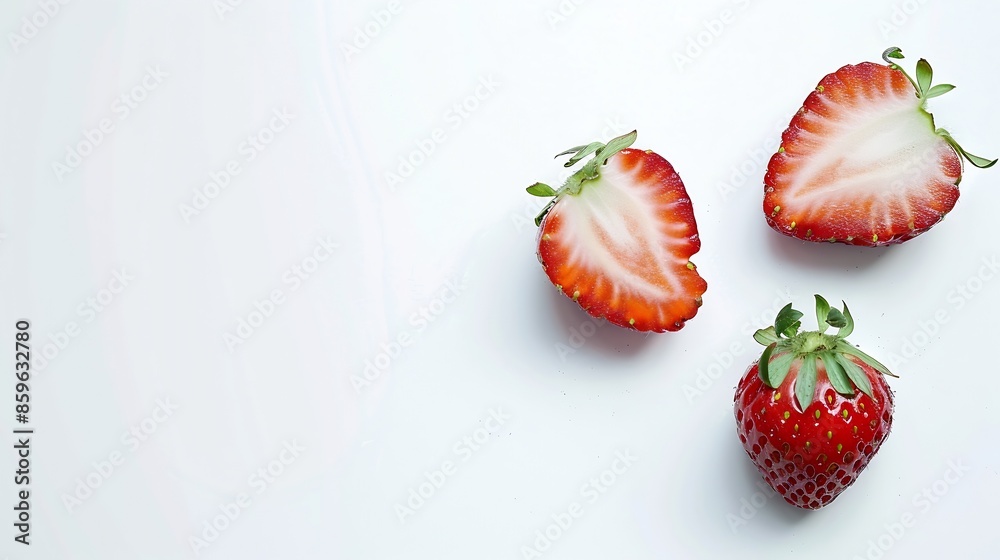 Poster strawberries isolated two halves of strawberries on a white background : generative ai