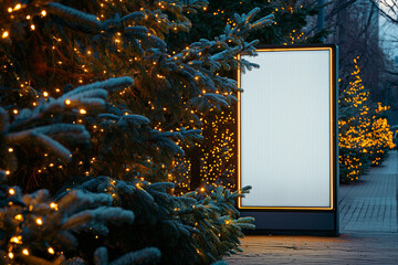 Mockup in a park among Christmas trees with garlands