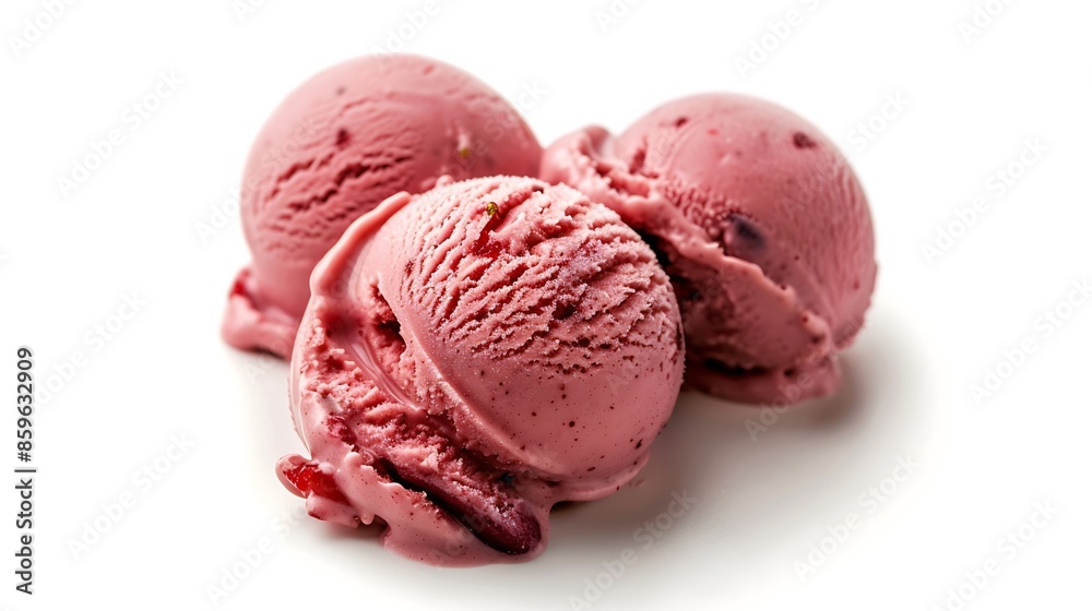 Poster scoop of cherry or strawberry ice cream isolated on white background macro : generative ai