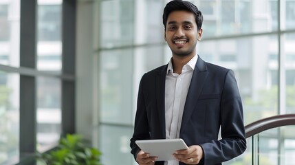 Fototapeta premium Smiling young indian business man professional project manager arab company employee eastern businessman executive financial banker wearing suit standing in office holding digital tabl : Generative AI