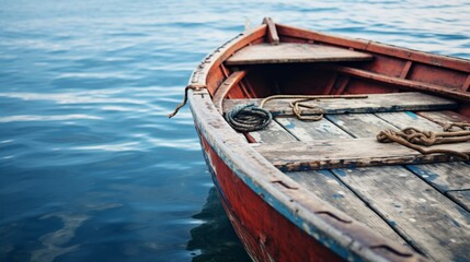 Obraz premium A red wooden boat rests on the surface of the still water