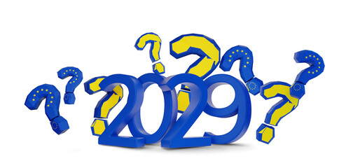 2029 blue new year symbol, isolated, bold number as year, 3d-illustration, question marks in the color of Europe EU