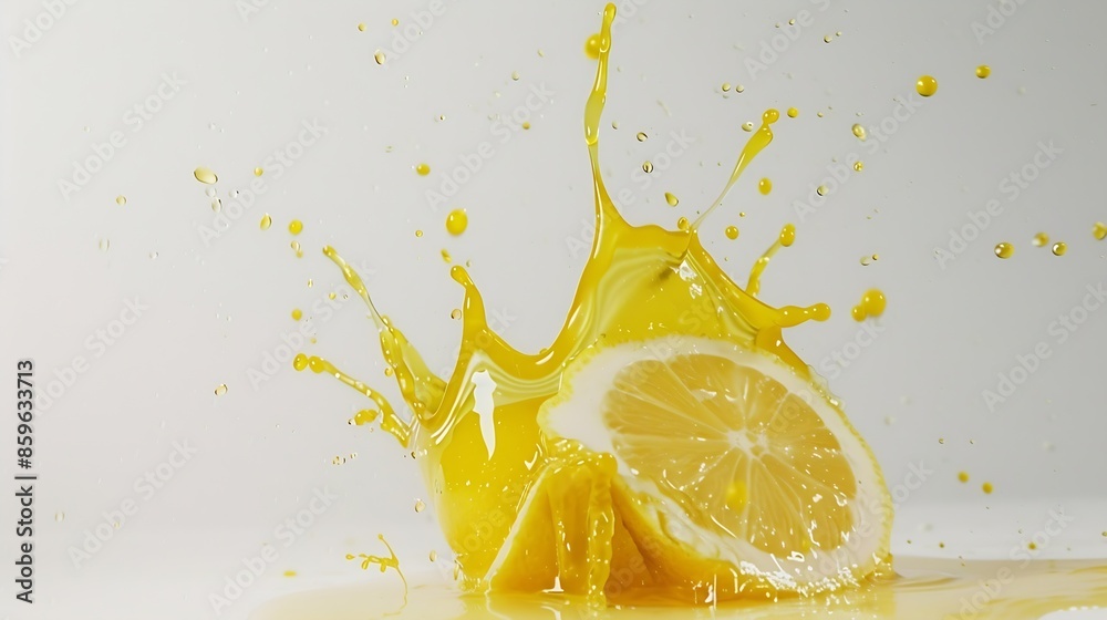 Poster half lemon falling into a crown shaped yellow juice splash isolated on white background : generative
