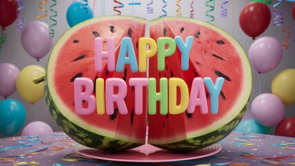 A slice of watermelon with a happy birthday sign on it, AI