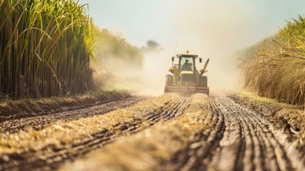 Fototapeta premium A field of rice with a tractor in the background