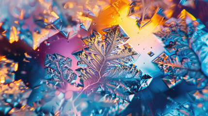 Colorful abstract shapes with intricate patterns and sharp edges appear in close-up, with hues of blue, purple, and orange blending together.