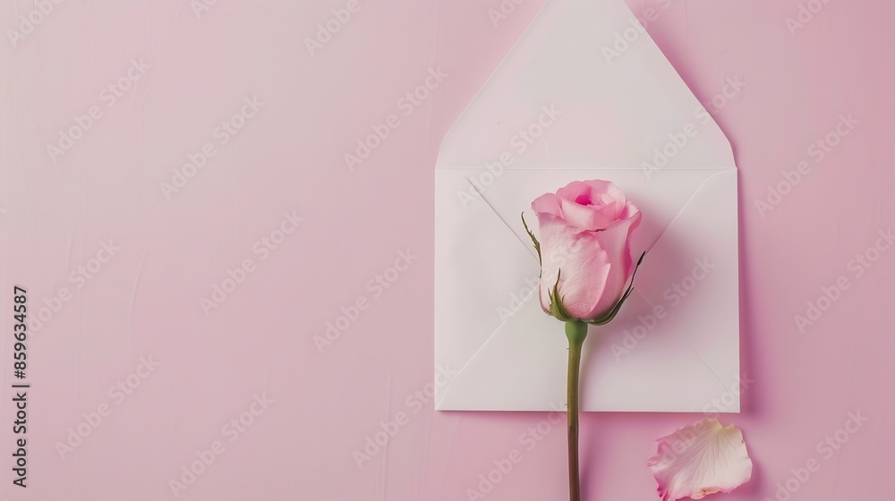 Poster white envelope mockup blank template with pink rose flower on pink background : generative ai