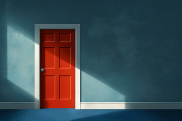 A vibrant red door in a minimalist interior setting with natural light, perfect for concepts of opportunity or new beginnings