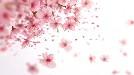 Cherry blossoms flying in the air on a white background