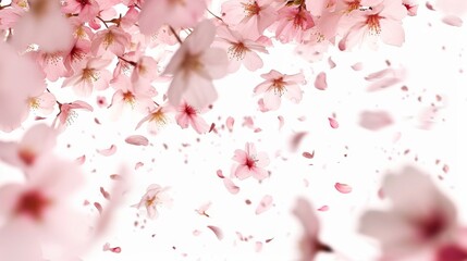 Cherry blossoms flying in the air on a white background