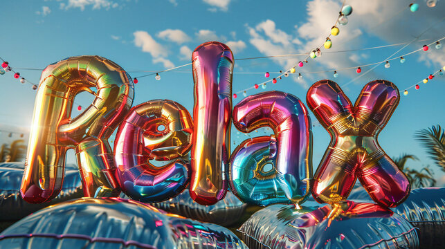 Text "Relax" made of multicolor reflective inflatable