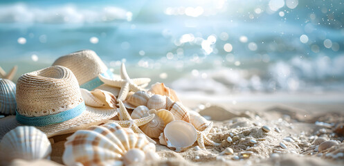 Tropical Holiday Vibes: Relaxation with Shells and Straw Hat on a Colorful Shore