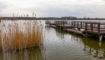 Fototapeta premium Landscape in the countryside by the lake. A quiet place to relax by the water.