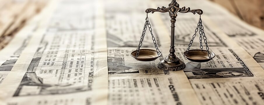 Scales of Justice placed on a newspaper with financial stock market data