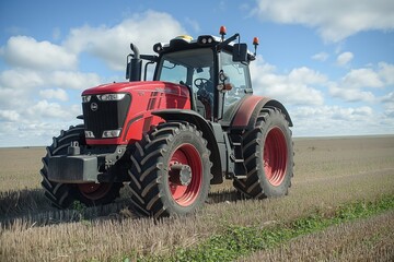 Obraz premium Sharp image of a red modern tractor with large tires on a stubble field under a clear blue sky, depicting farm technology