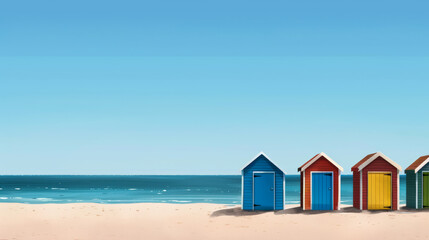 Colorful beach huts on a sunny shore, perfect for summer vacation and seaside relaxation concepts