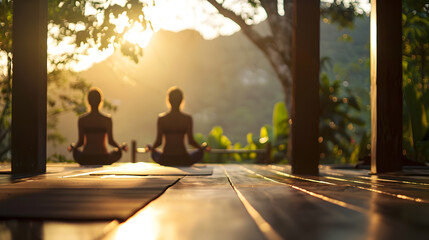 Fototapeta premium Two individuals meditating peacefully in a yoga studio as the sun sets in the background 