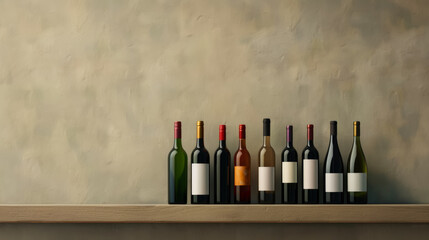 A selection of various wine bottles on a wooden shelf, perfect for celebrating holidays, wine tasting, or gourmet events