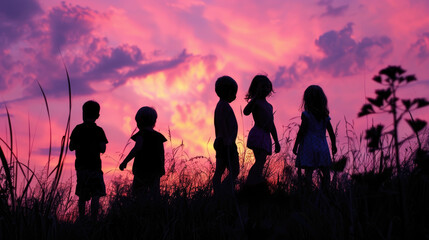 Fototapeta premium Five children stand together in a field with tall grass, silhouetted against a vibrant pink and purple sunset sky with clouds.