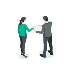 Fototapeta premium isometric vector business man and woman reading a document, in color on a white background, secretary and paperwork