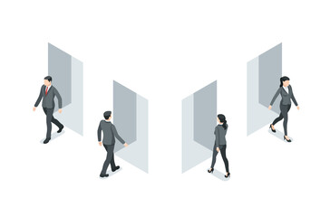 isometric vector business people entering and exiting a doorway, in color on a white background, entrance and exit or portal