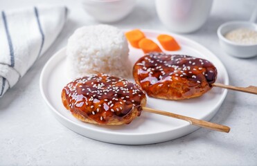 Tsukune, Japanese Chicken Meatball in teriyaki sauce with sesame seeds sprinkles with rice and vegetables in a plate