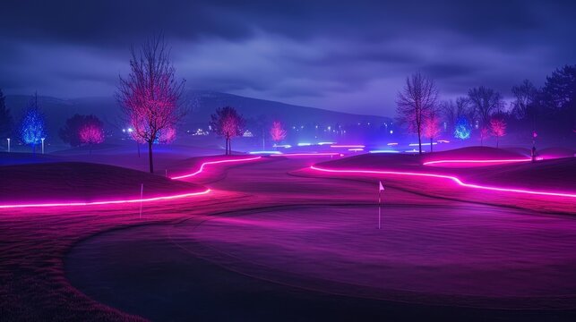 Golf Courses Neon Glow: A photo showcasing the neon glow of empty golf courses