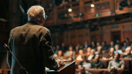 Obraz premium An elderly speaker addresses a crowd in a dimly lit auditorium