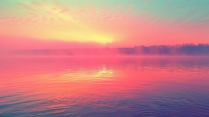 Fototapeta premium Lakes and Rivers Sunrise: A neon photo capturing the tranquil beauty of lakes or rivers at sunrise