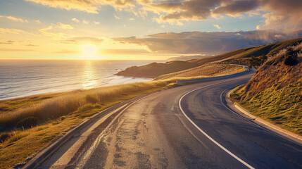 Fototapeta premium A winding road by the coast under a golden sunset, with grassy hills on both sides and the ocean stretching to the horizon.