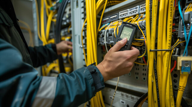 A technician using a handheld device to test or diagnose electrical connections and wiring in a panel with numerous yellow cables and circuit breakers - Powered by Adobe