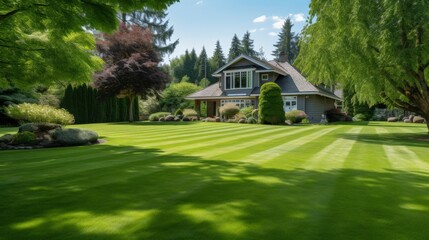 A well-maintained lawn with a house in the background