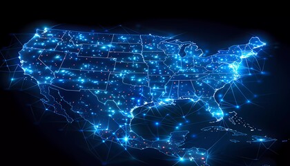 Fototapeta premium Connected Continents: 5G Revolution in North America, digital map featuring North America bathed in a network of interconnected nodes and lines, seamless 5G connectivity and enhanced telecommunication