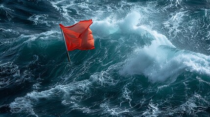 A red flag at sea indicates the presence of large and dangerous waves