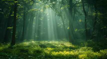 Naklejka premium Rays of the sun breaking through the foliage of a beautiful forest. Beautiful background of nature
